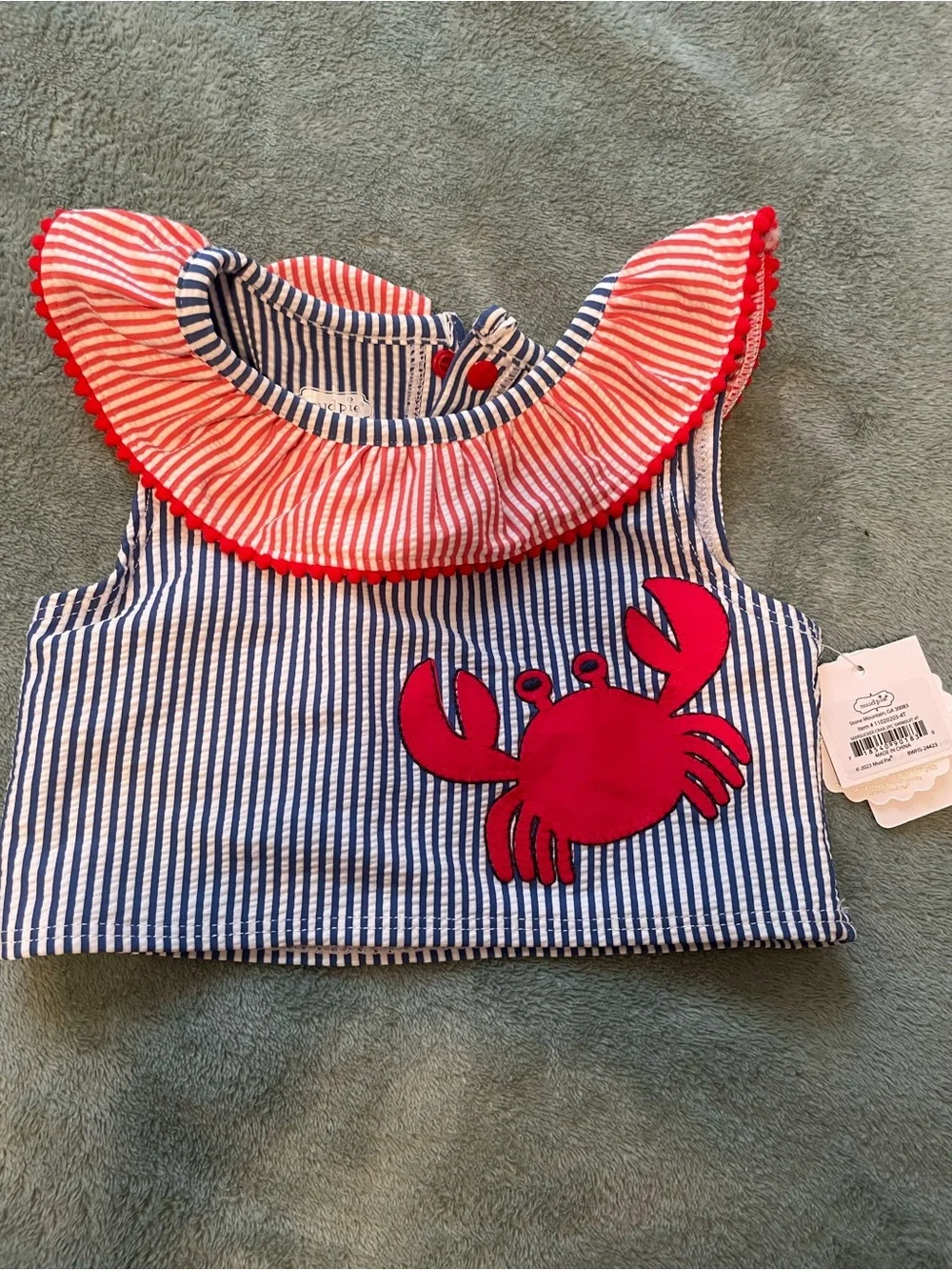Mud Pie Navy & White Striped Swim topwith Red Crab and Coral Ruffle Collar